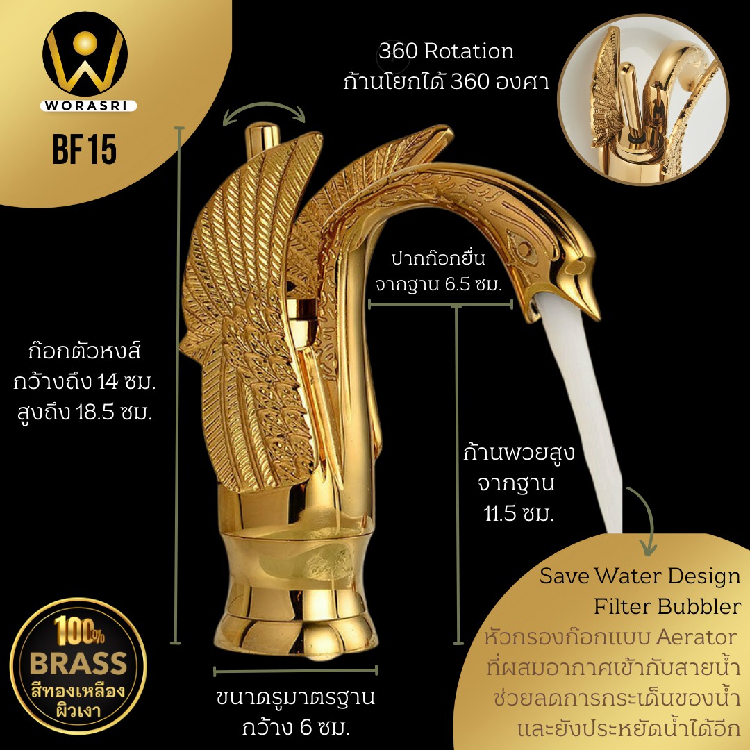 ก๊อกอ่างล้างหน้าผสมน้ำร้อนเย็นติดผนังหมุนได้360องศาสีทอง Golden Hot and Cold Basin Wall Mount Faucet with 360 Rotation