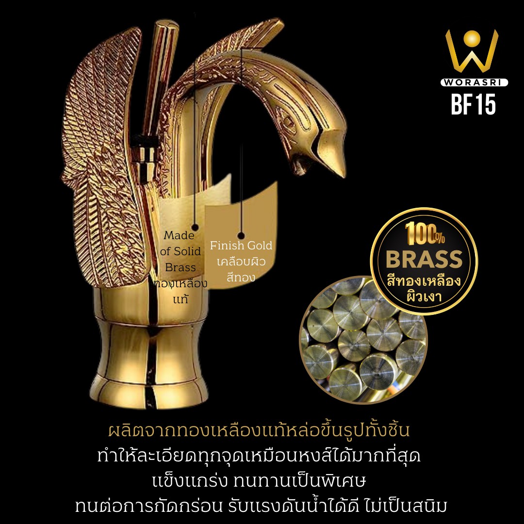 ก๊อกอ่างล้างหน้าผสมน้ำร้อนเย็นติดผนังหมุนได้360องศาสีทอง Golden Hot and Cold Basin Wall Mount Faucet with 360 Rotation