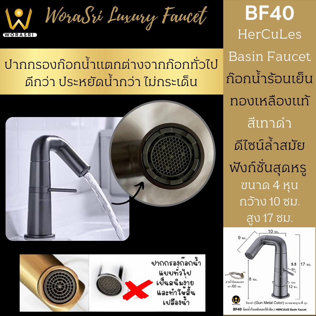 ก๊อกอ่างล้างหน้าผสมน้ำร้อนเย็นติดผนังหมุนได้360องศาสีทอง Golden Hot and Cold Basin Wall Mount Faucet with 360 Rotation