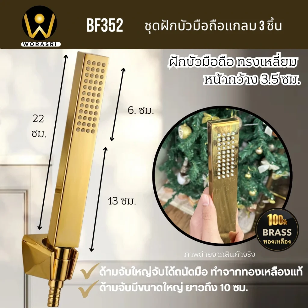 ฝักบัวเรนชาวเวอร์ก้านแข็งฝังผนังที่ฉีดชำระสีทอง Gold Wall-Mounted Rain Shower with Bidet Spray