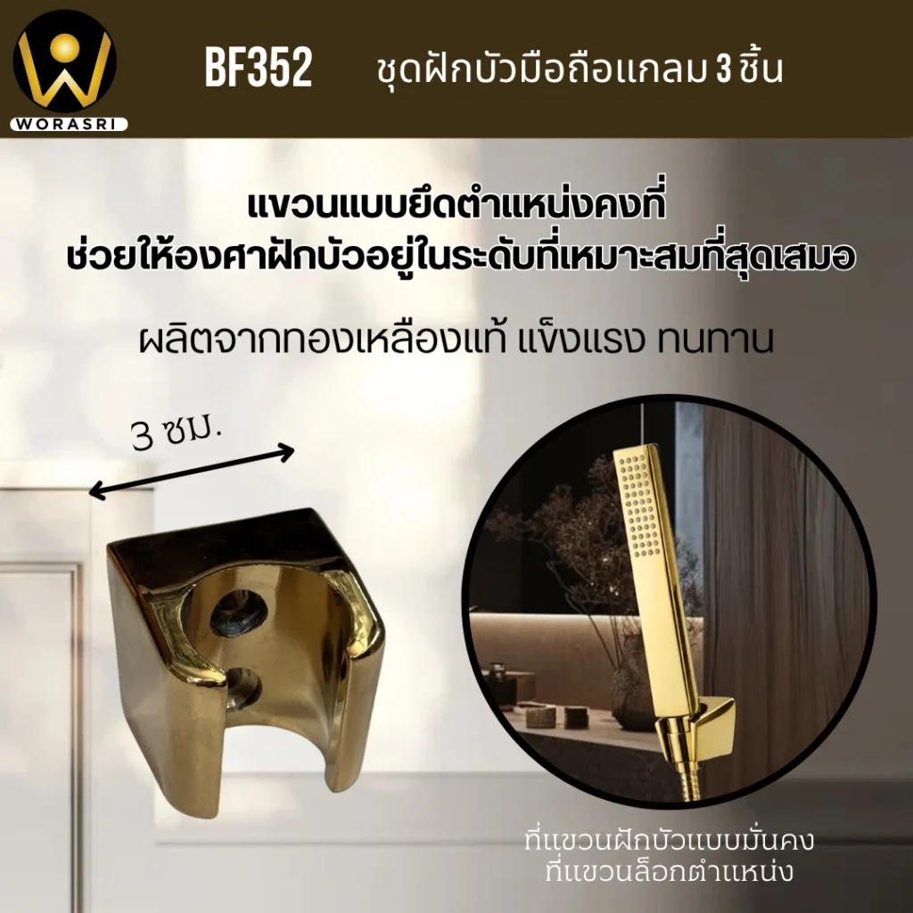 ฝักบัวเรนชาวเวอร์ก้านแข็งฝังผนังที่ฉีดชำระสีทอง Gold Wall-Mounted Rain Shower with Bidet Spray