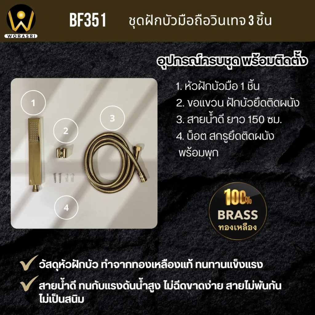 ฝักบัวเรนชาวเวอร์ก้านแข็งฝังผนังที่ฉีดชำระสีทอง Gold Wall-Mounted Rain Shower with Bidet Spray