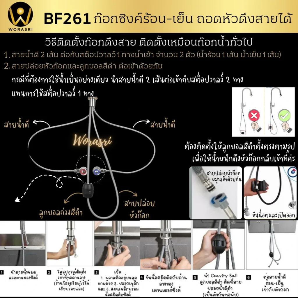 ก๊อกซิงค์ล้างจานถอดหัวดึงสายได้กรองน้ำดื่มสีทอง Golden Pull-Out Kitchen Faucet with Water Filter