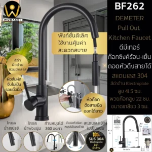 ก๊อกซิงค์ล้างจานถอดหัวดึงสายได้กรองน้ำดื่มสีทอง Golden Pull-Out Kitchen Faucet with Water Filter
