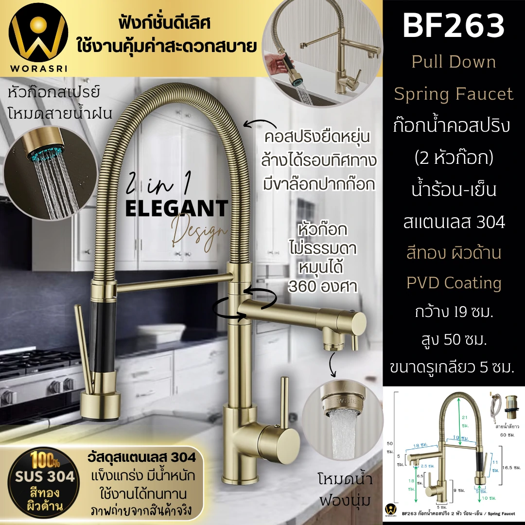 ก๊อกซิงค์ล้างจานถอดหัวดึงสายได้กรองน้ำดื่มสีทอง Golden Pull-Out Kitchen Faucet with Water Filter