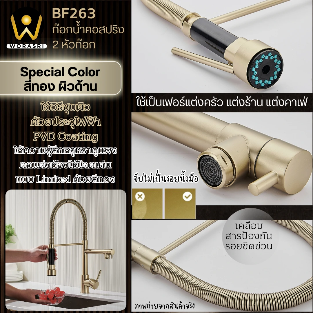 ก๊อกซิงค์ล้างจานถอดหัวดึงสายได้กรองน้ำดื่มสีทอง Golden Pull-Out Kitchen Faucet with Water Filter