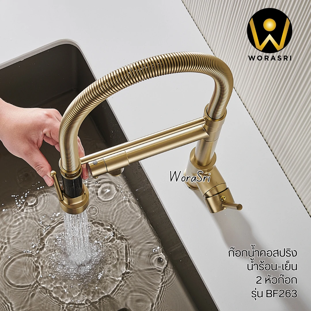 ก๊อกซิงค์ล้างจานถอดหัวดึงสายได้กรองน้ำดื่มสีทอง Golden Pull-Out Kitchen Faucet with Water Filter