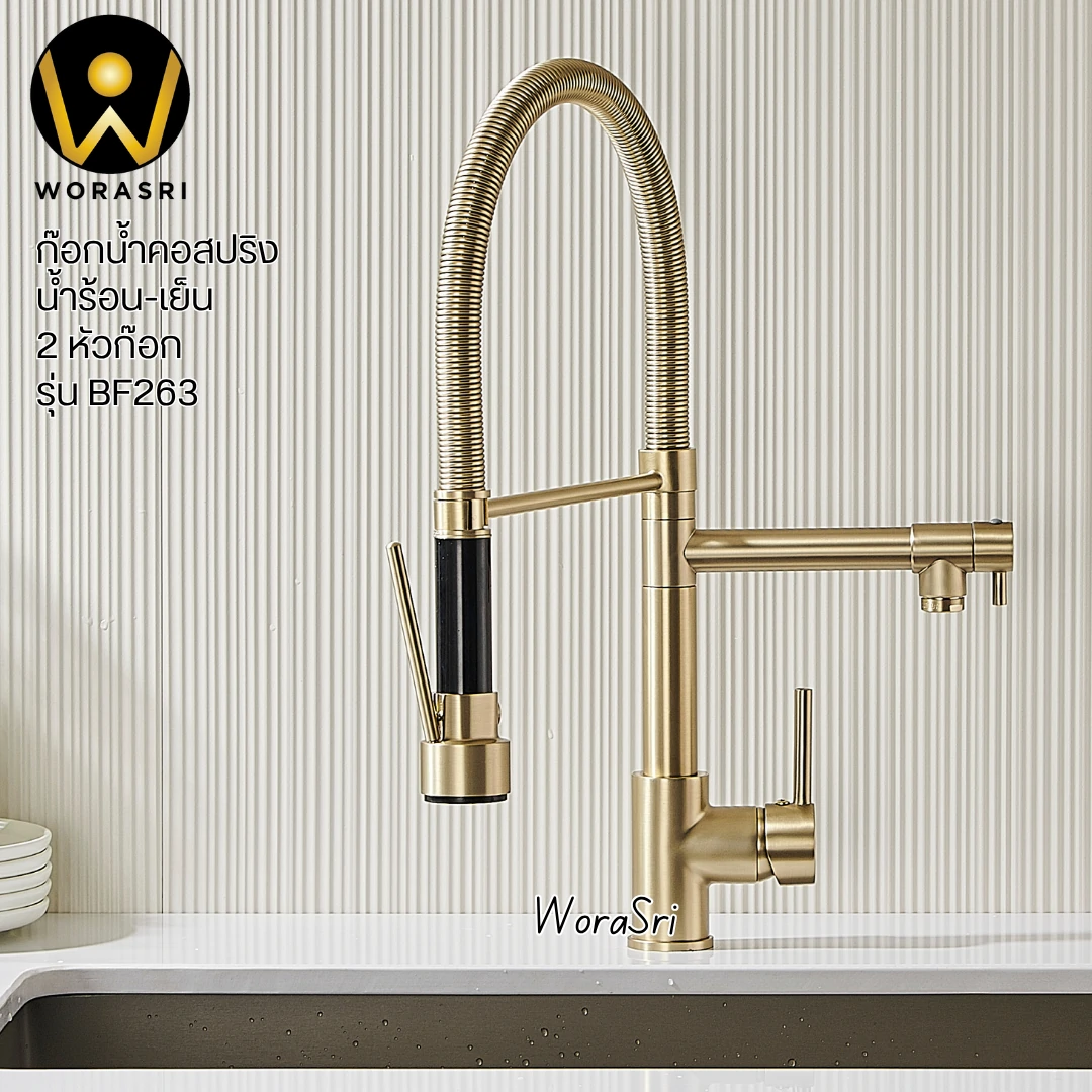 ก๊อกซิงค์ล้างจานถอดหัวดึงสายได้กรองน้ำดื่มสีทอง Golden Pull-Out Kitchen Faucet with Water Filter