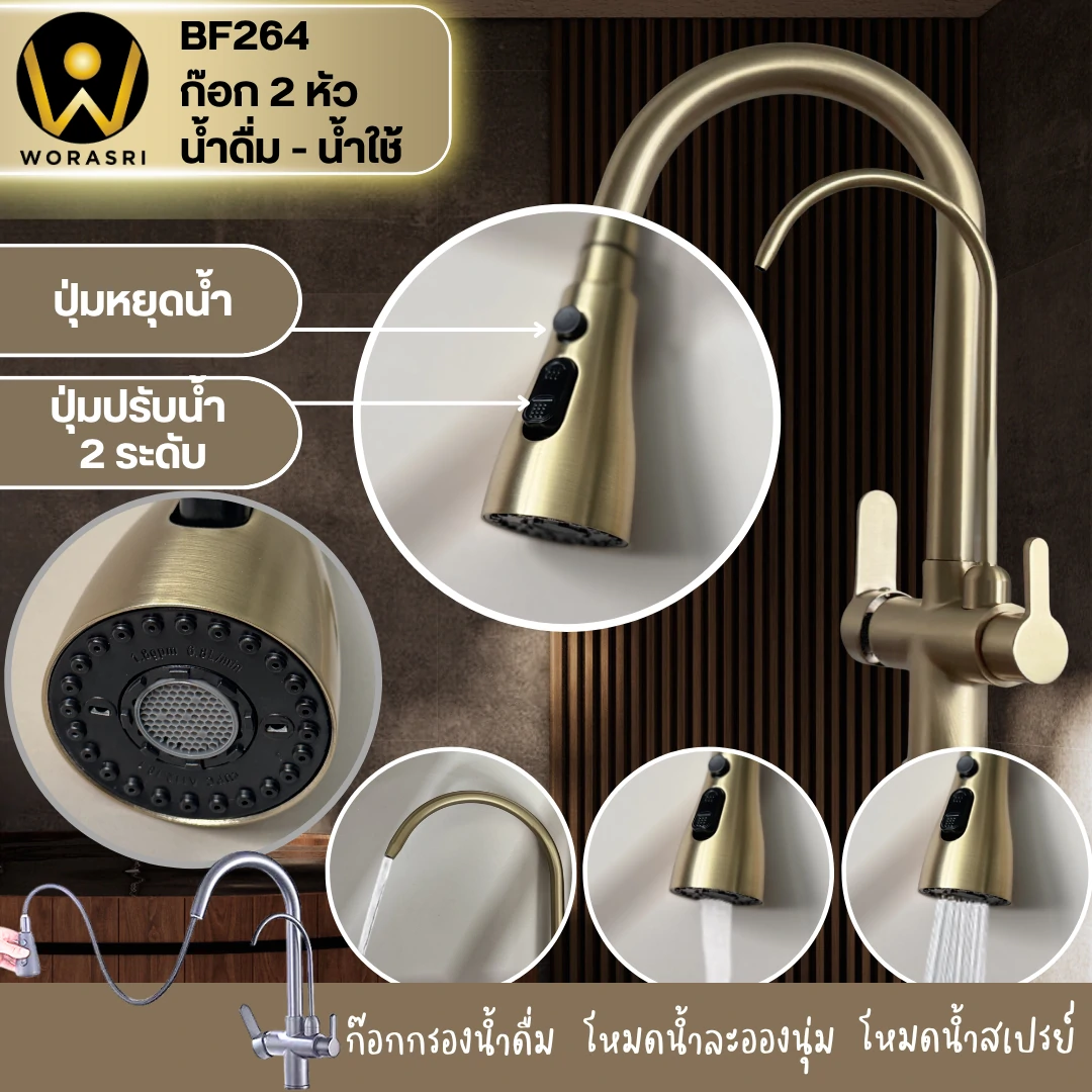 ก๊อกซิงค์ล้างจานถอดหัวดึงสายได้กรองน้ำดื่มสีทอง Golden Pull-Out Kitchen Faucet with Water Filter