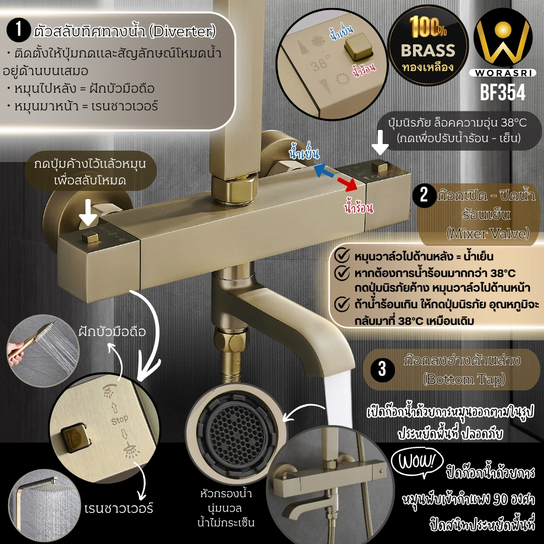 ฝักบัวเรนชาวเวอร์ก้านแข็งฝังผนังที่ฉีดชำระสีทอง Gold Wall-Mounted Rain Shower with Bidet Spray