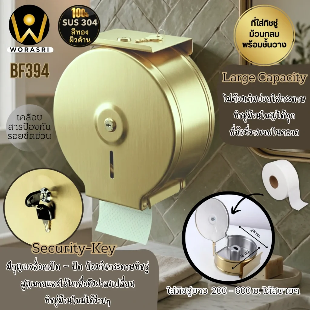 กล่องใส่กระดาษชําระม้วนใหญ่แกนใส่ทิชชู่ที่วางมือถือในห้องน้ำสีทอง Gold Toilet Paper Holder with Large Roll and Phone Tray for Bathroom