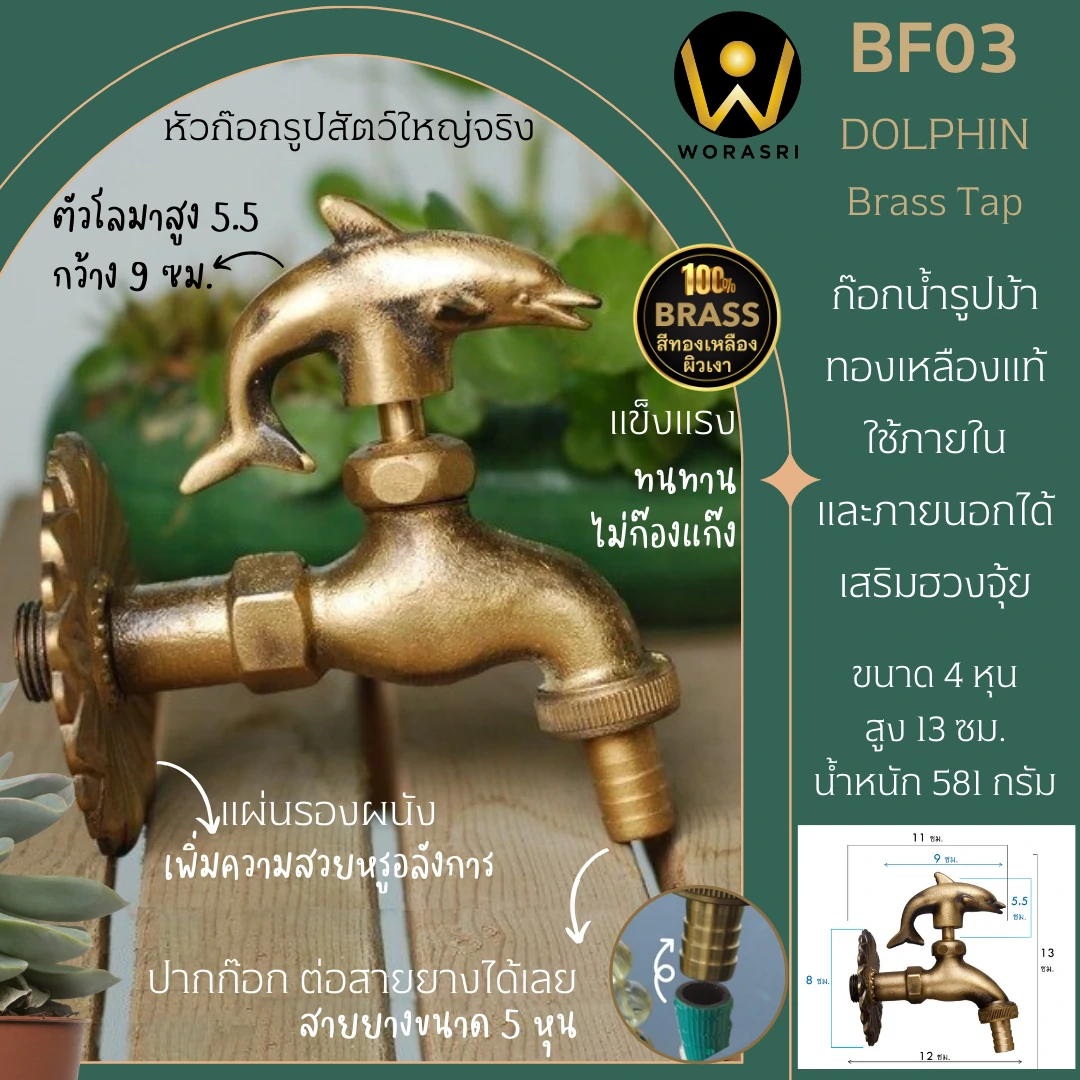 ก๊อกน้ำทองเหลืองติดผนังรูปโลมา