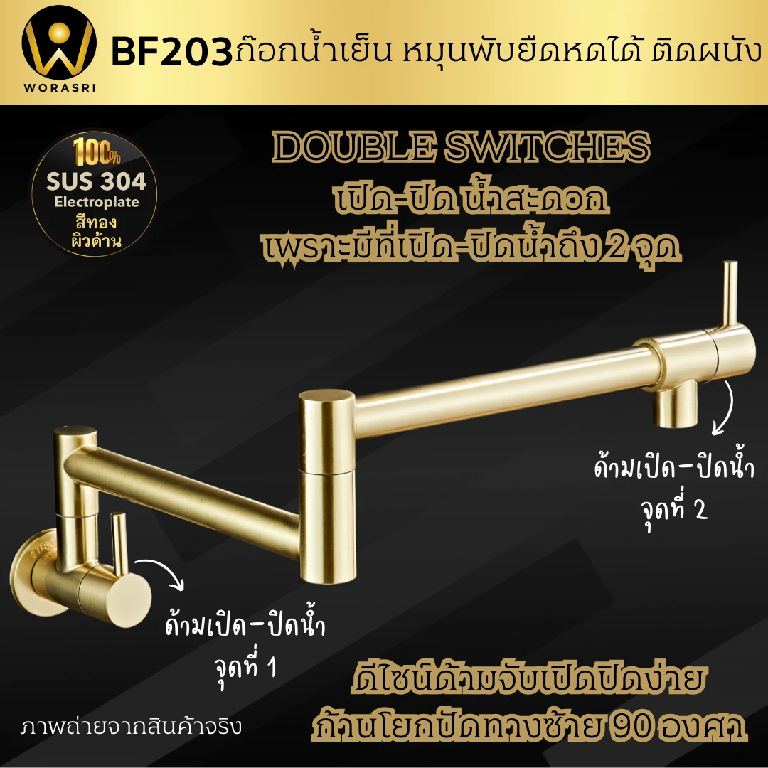 ก๊อกซิงค์ล้างจานถอดหัวดึงสายได้กรองน้ำดื่มสีทอง Golden Pull-Out Kitchen Faucet with Water Filter