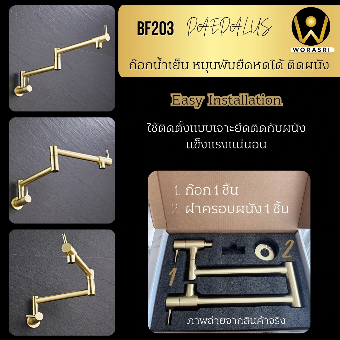 ก๊อกซิงค์ล้างจานถอดหัวดึงสายได้กรองน้ำดื่มสีทอง Golden Pull-Out Kitchen Faucet with Water Filter