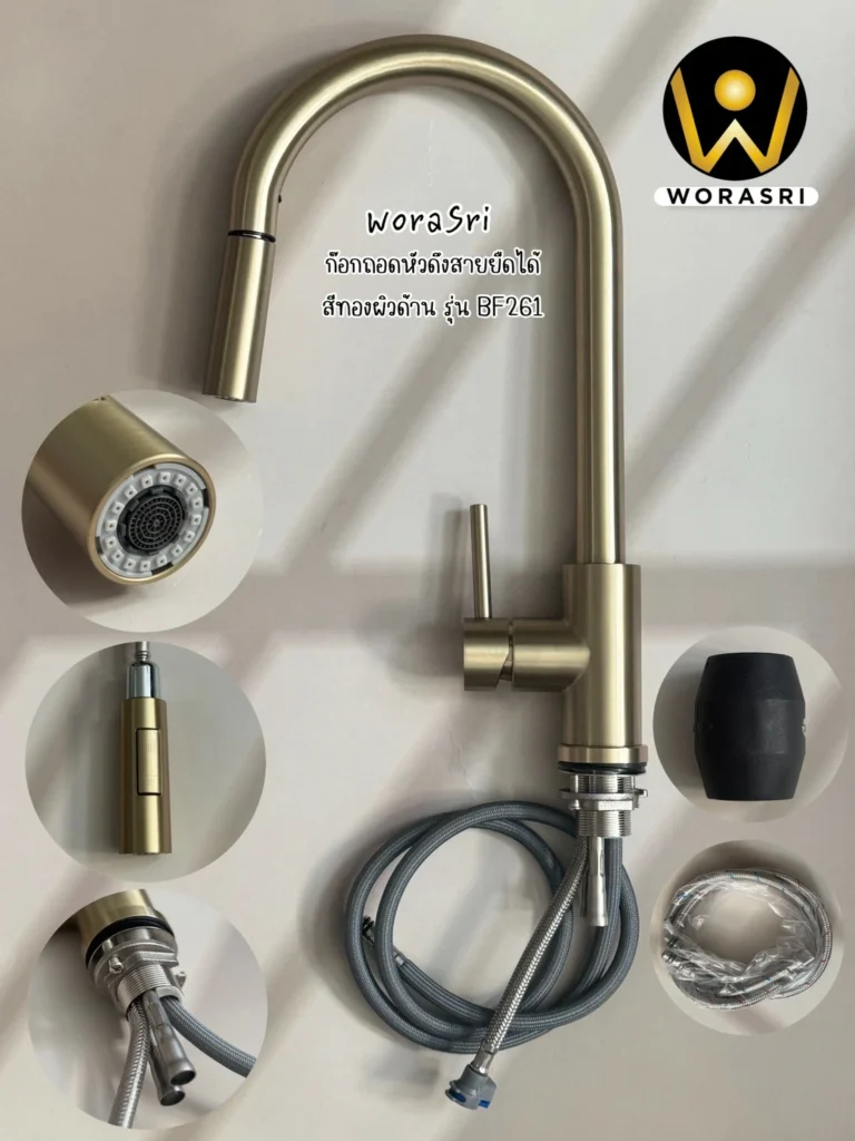 ก๊อกซิงค์ล้างจานถอดหัวดึงสายได้กรองน้ำดื่มสีทอง Golden Pull-Out Kitchen Faucet with Water Filter