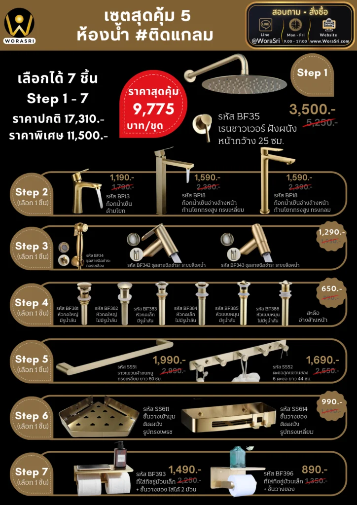 ก๊อกซิงค์มือจับทองเหลืองฝักบัวสายชำระราวขอแขวน Innovative Golden Faucets & Accessories