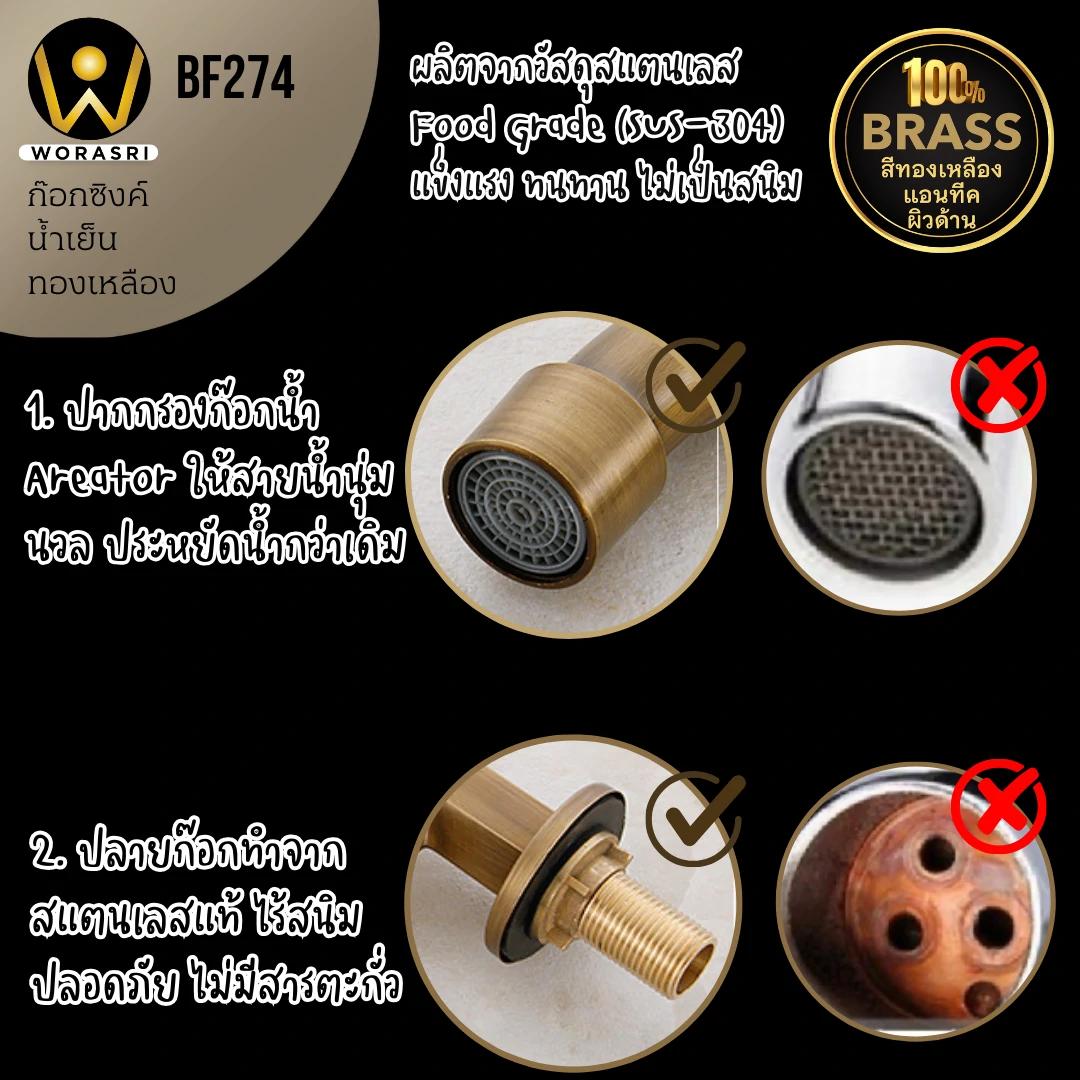 ก๊อกซิงค์ล้างจานถอดหัวดึงสายได้กรองน้ำดื่มสีทอง Golden Pull-Out Kitchen Faucet with Water Filter