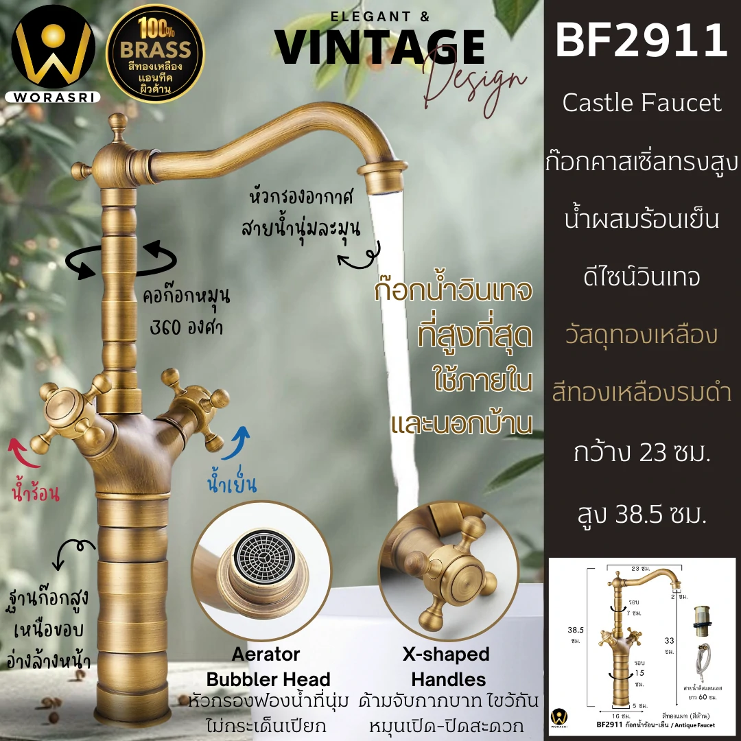 ก๊อกอ่างล้างหน้าผสมน้ำร้อนเย็นติดผนังหมุนได้360องศาสีทอง Golden Hot and Cold Basin Wall Mount Faucet with 360 Rotation