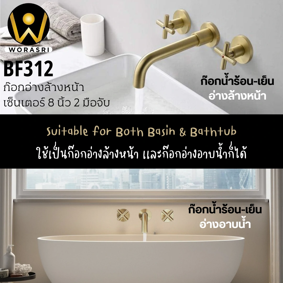 ก๊อกอ่างล้างหน้าผสมน้ำร้อนเย็นติดผนังหมุนได้360องศาสีทอง Golden Hot and Cold Basin Wall Mount Faucet with 360 Rotation
