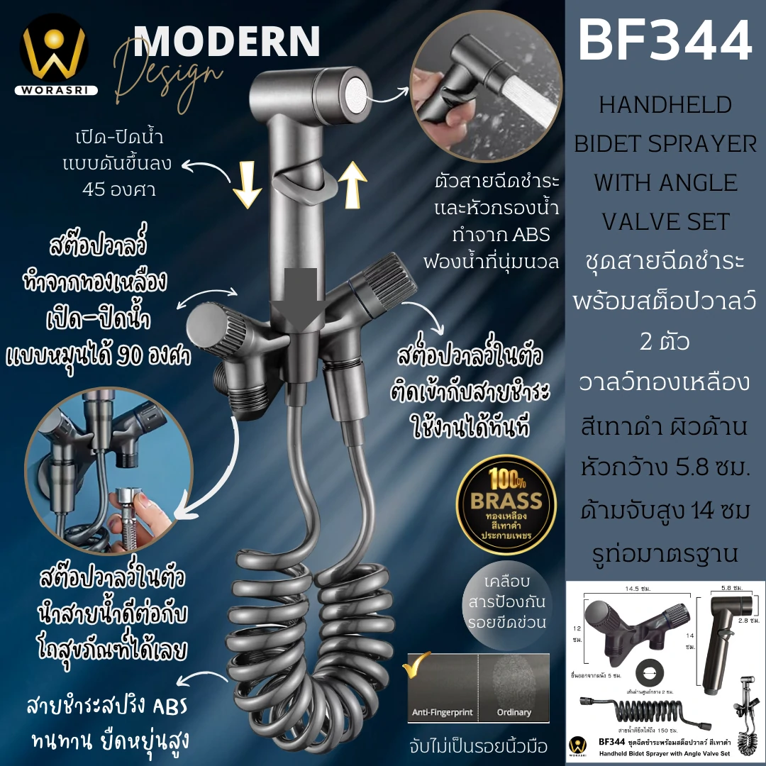 ฝักบัวเรนชาวเวอร์ก้านแข็งฝังผนังที่ฉีดชำระสีทอง Gold Wall-Mounted Rain Shower with Bidet Spray