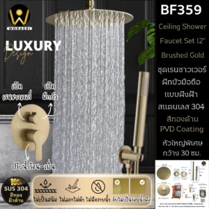 ฝักบัวเรนชาวเวอร์ก้านแข็งฝังผนังที่ฉีดชำระสีทอง Gold Wall-Mounted Rain Shower with Bidet Spray