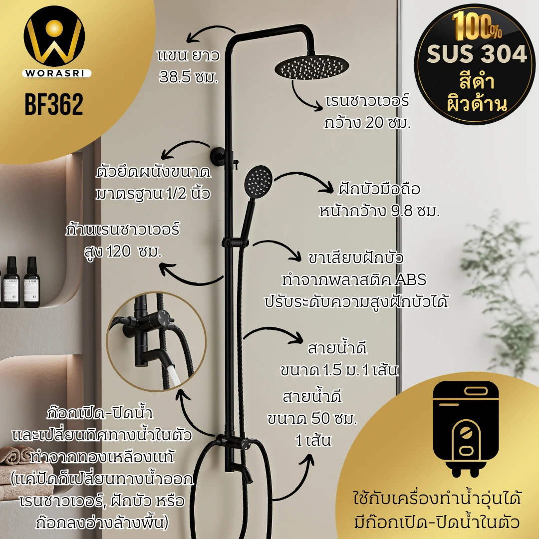 ฝักบัวเรนชาวเวอร์ก้านแข็งฝังผนังที่ฉีดชำระสีทอง Gold Wall-Mounted Rain Shower with Bidet Spray