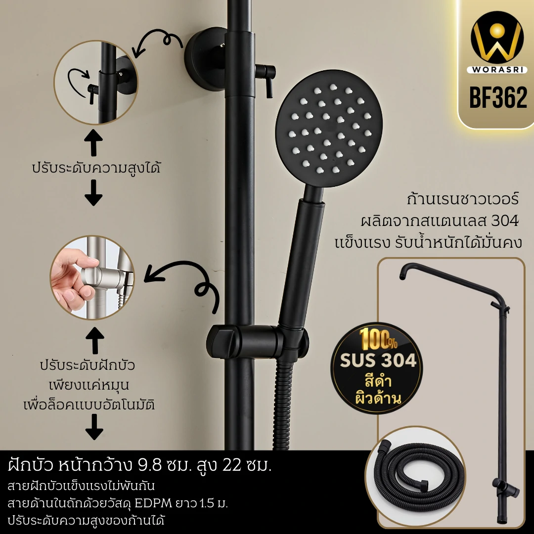 ฝักบัวเรนชาวเวอร์ก้านแข็งฝังผนังที่ฉีดชำระสีทอง Gold Wall-Mounted Rain Shower with Bidet Spray