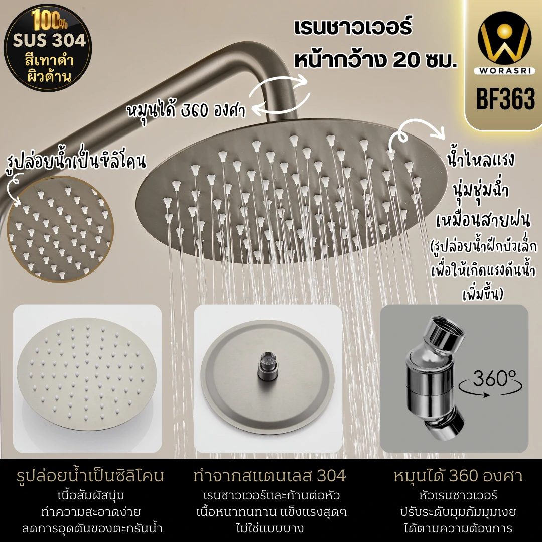 ฝักบัวเรนชาวเวอร์ก้านแข็งฝังผนังที่ฉีดชำระสีทอง Gold Wall-Mounted Rain Shower with Bidet Spray