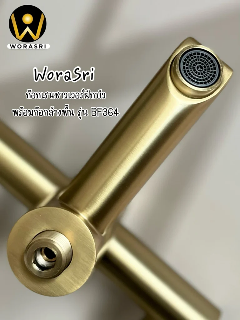 ฝักบัวเรนชาวเวอร์ก้านแข็งฝังผนังที่ฉีดชำระสีทอง Gold Wall-Mounted Rain Shower with Bidet Spray