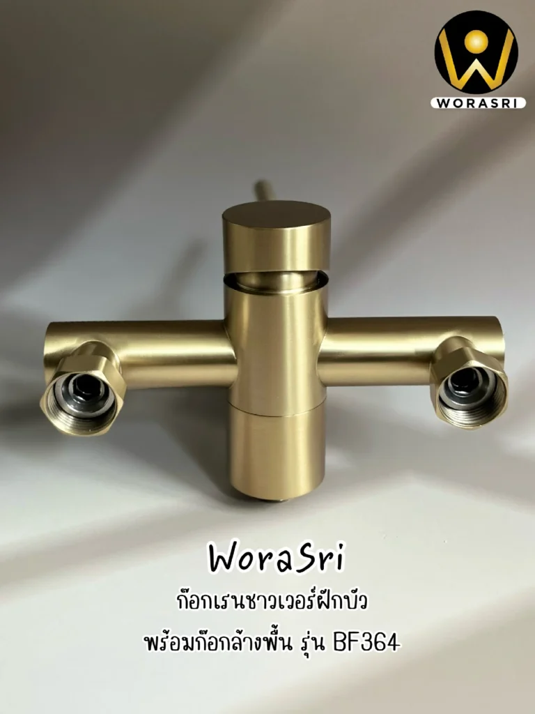 ฝักบัวเรนชาวเวอร์ก้านแข็งฝังผนังที่ฉีดชำระสีทอง Gold Wall-Mounted Rain Shower with Bidet Spray