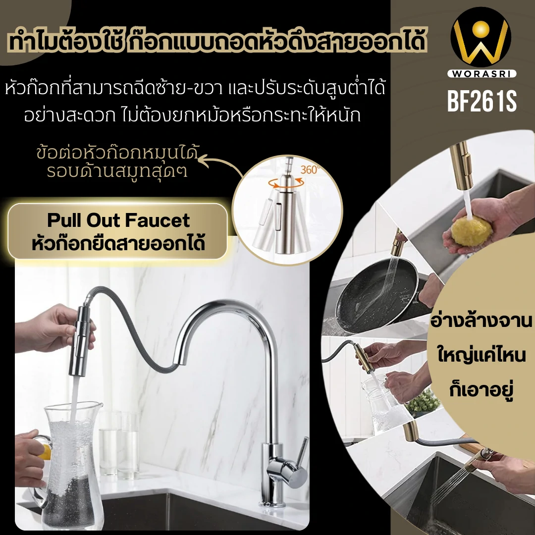 ก๊อกซิงค์ล้างจานถอดหัวดึงสายได้กรองน้ำดื่มสีทอง Golden Pull-Out Kitchen Faucet with Water Filter
