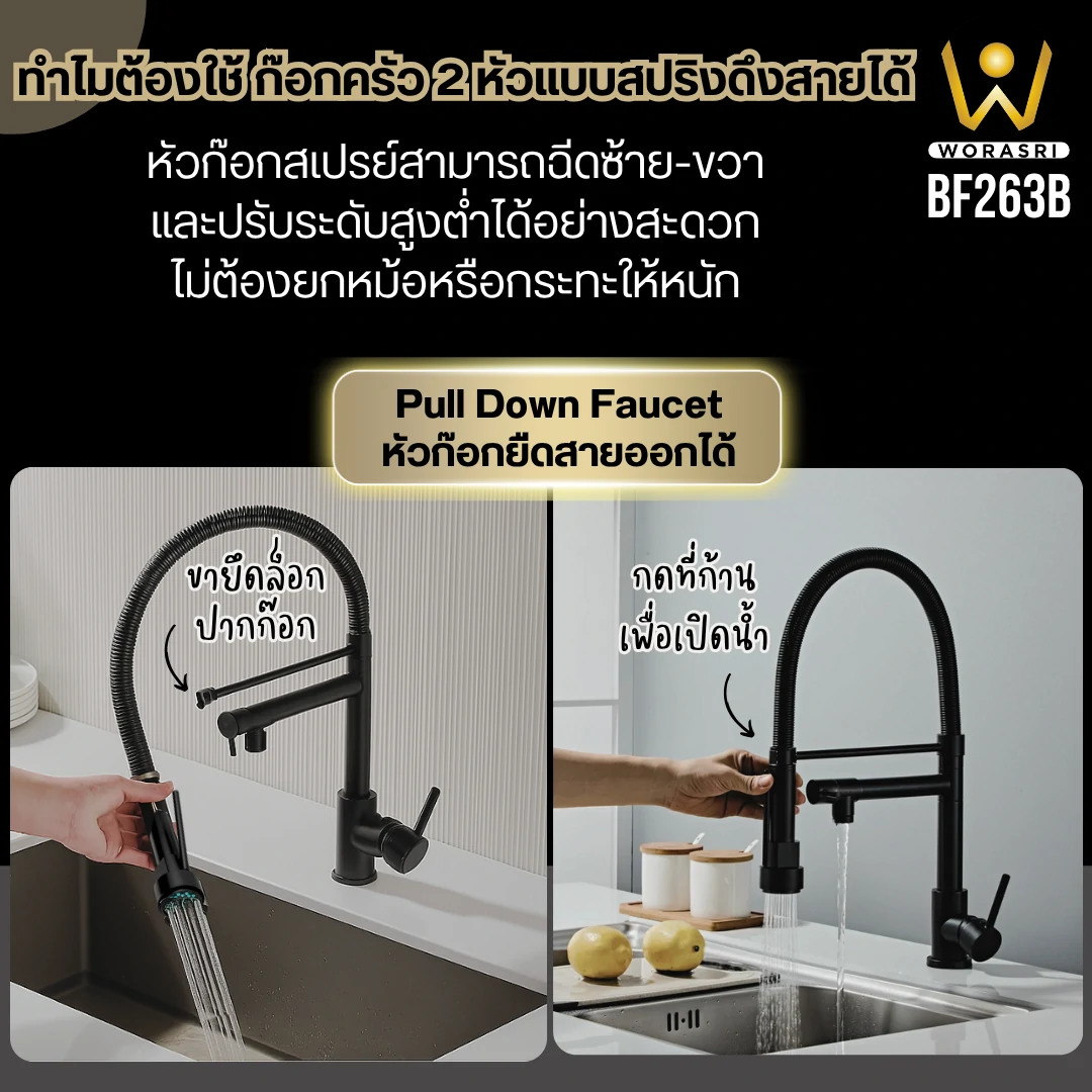 ก๊อกซิงค์ล้างจานถอดหัวดึงสายได้กรองน้ำดื่มสีทอง Golden Pull-Out Kitchen Faucet with Water Filter