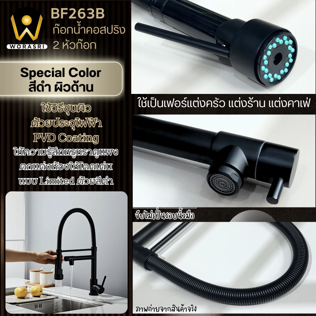 ก๊อกซิงค์ล้างจานถอดหัวดึงสายได้กรองน้ำดื่มสีทอง Golden Pull-Out Kitchen Faucet with Water Filter