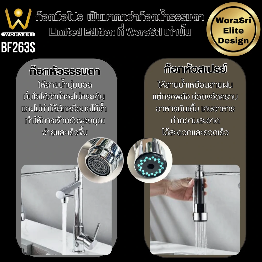 ก๊อกซิงค์ล้างจานถอดหัวดึงสายได้กรองน้ำดื่มสีทอง Golden Pull-Out Kitchen Faucet with Water Filter