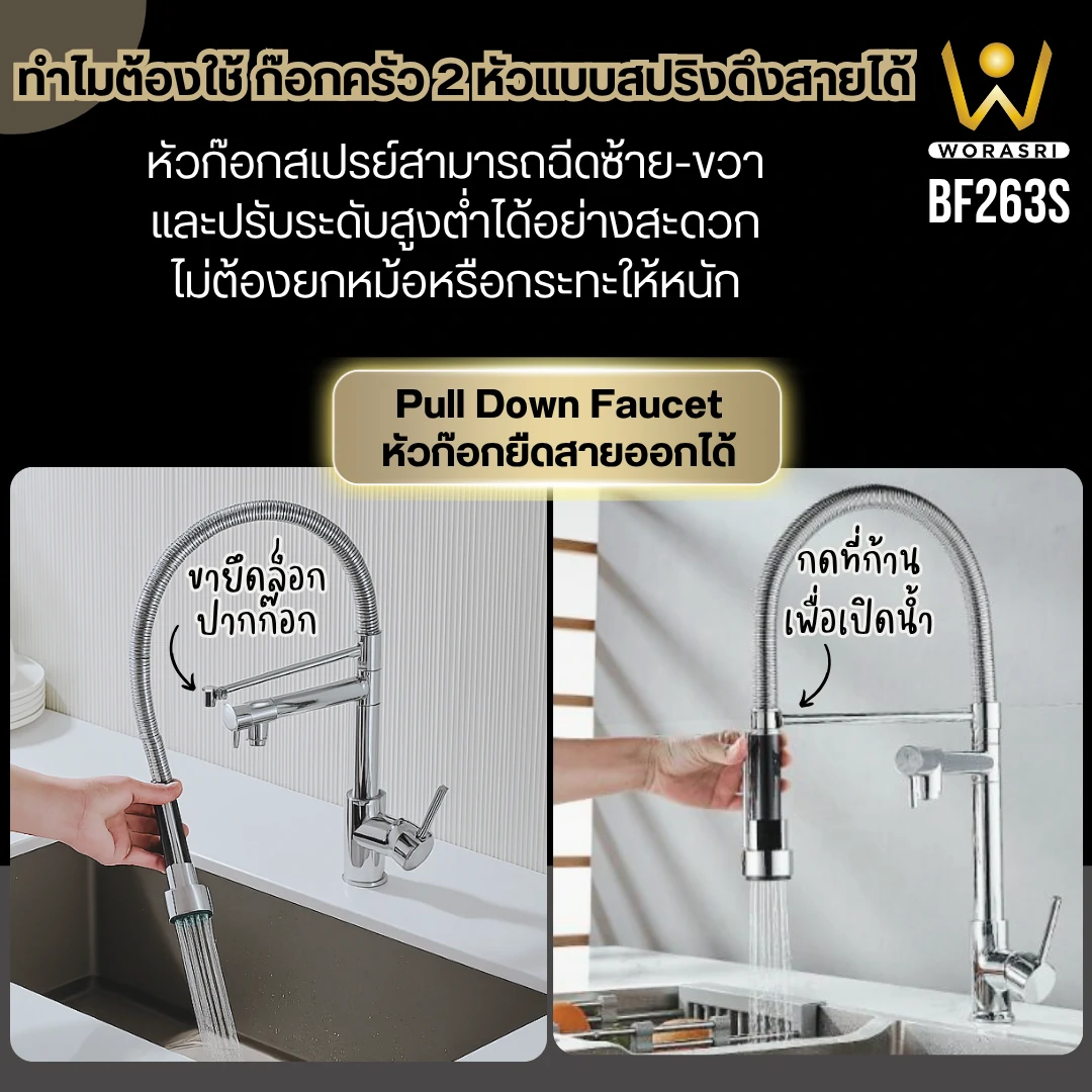 ก๊อกซิงค์ล้างจานถอดหัวดึงสายได้กรองน้ำดื่มสีทอง Golden Pull-Out Kitchen Faucet with Water Filter