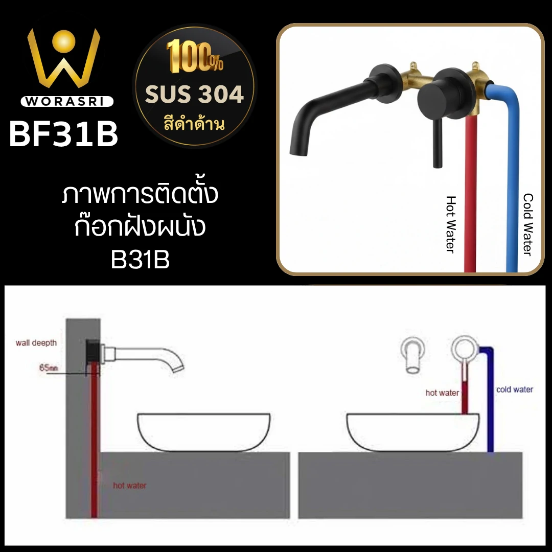 ก๊อกอ่างล้างหน้าผสมน้ำร้อนเย็นติดผนังหมุนได้360องศาสีทอง Golden Hot and Cold Basin Wall Mount Faucet with 360 Rotation