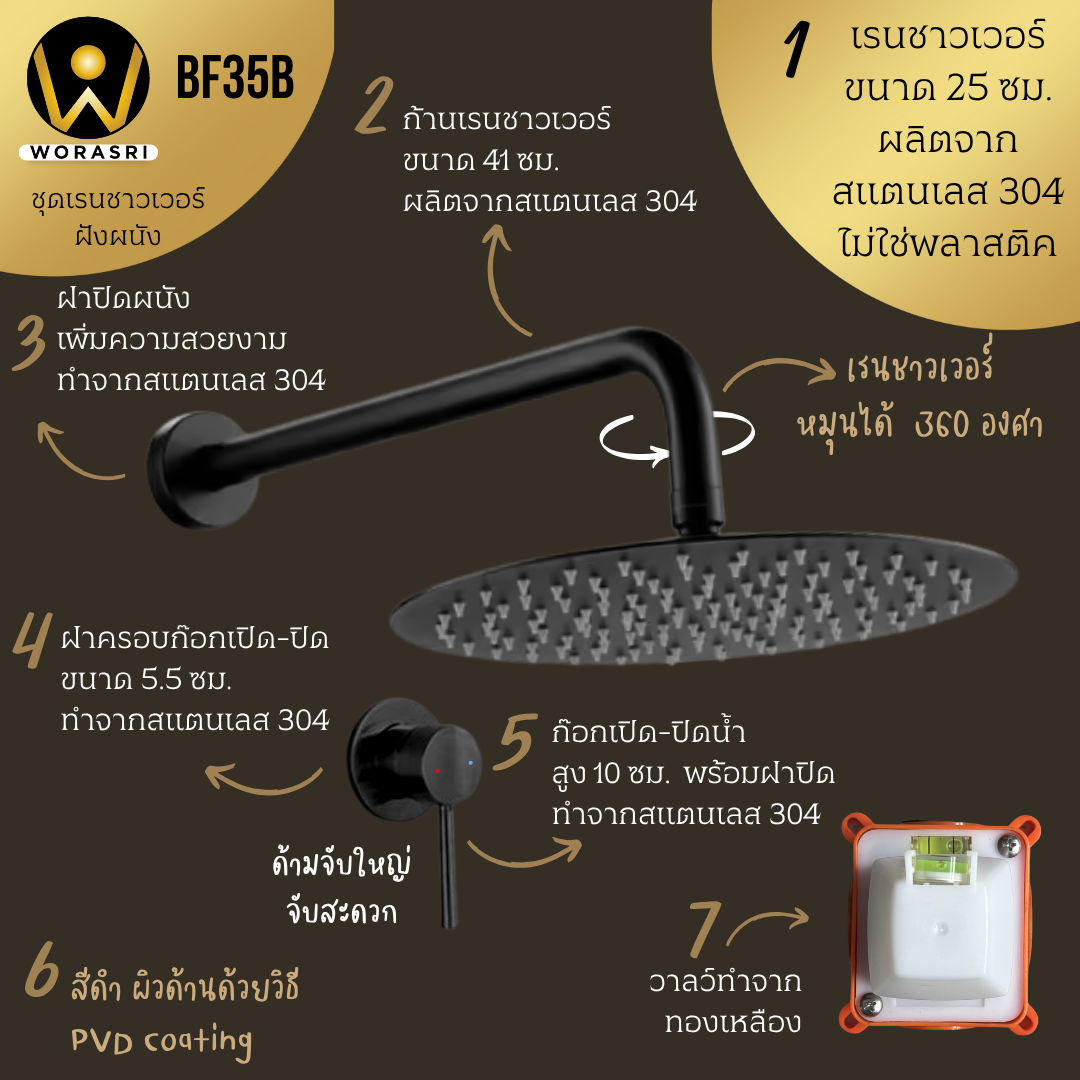 ฝักบัวเรนชาวเวอร์ก้านแข็งฝังผนังที่ฉีดชำระสีทอง Gold Wall-Mounted Rain Shower with Bidet Spray