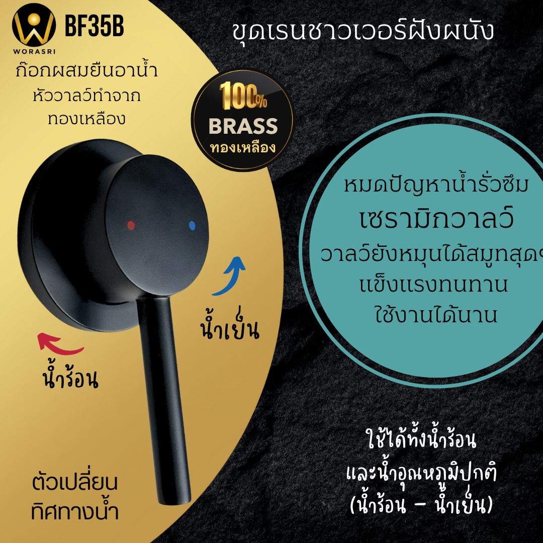 ฝักบัวเรนชาวเวอร์ก้านแข็งฝังผนังที่ฉีดชำระสีทอง Gold Wall-Mounted Rain Shower with Bidet Spray