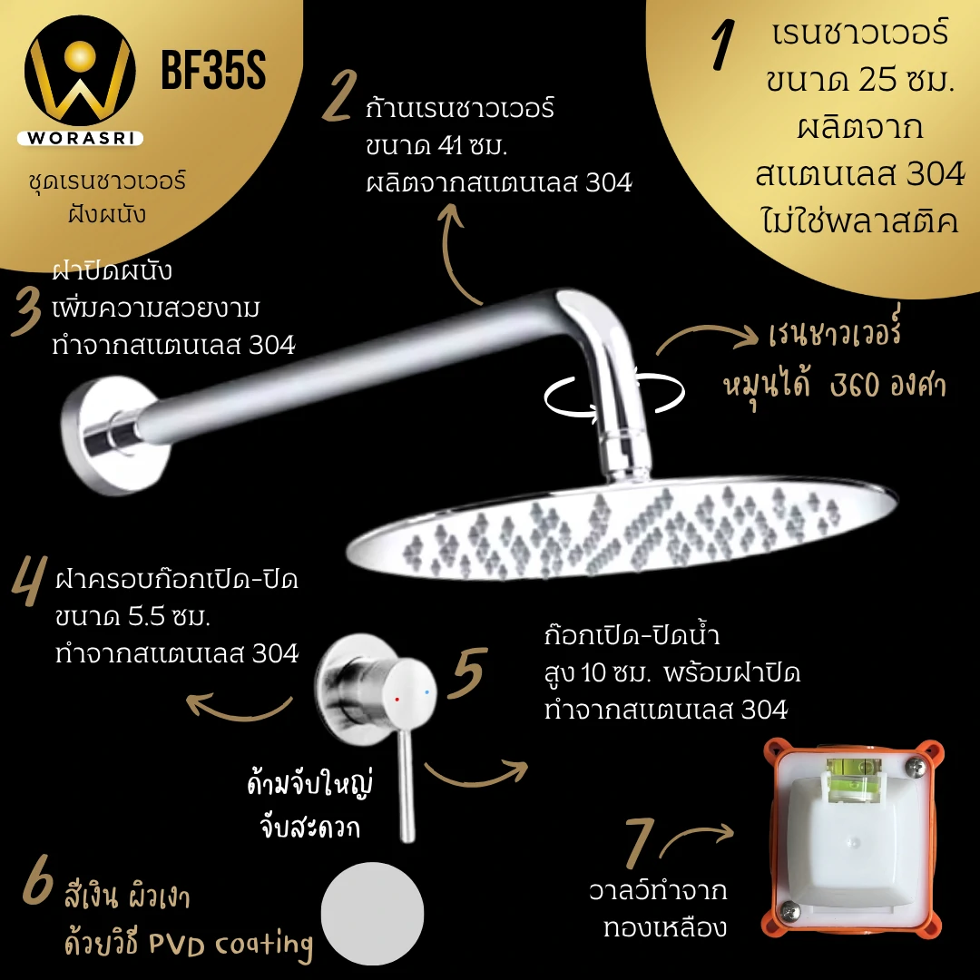 ฝักบัวเรนชาวเวอร์ก้านแข็งฝังผนังที่ฉีดชำระสีทอง Gold Wall-Mounted Rain Shower with Bidet Spray