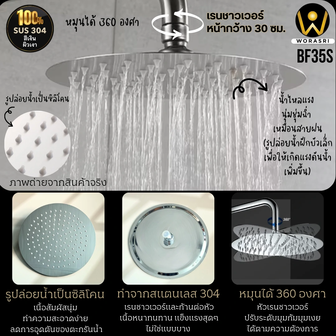 ฝักบัวเรนชาวเวอร์ก้านแข็งฝังผนังที่ฉีดชำระสีทอง Gold Wall-Mounted Rain Shower with Bidet Spray