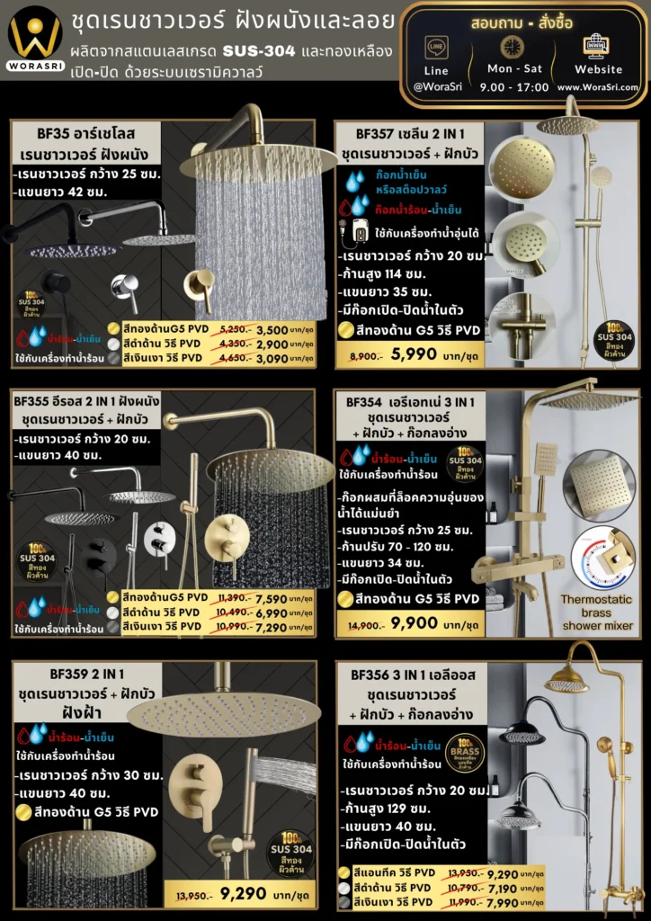ฝักบัวเรนชาวเวอร์ก้านแข็งฝังผนังที่ฉีดชำระสีทอง Gold Wall-Mounted Rain Shower with Bidet Spray