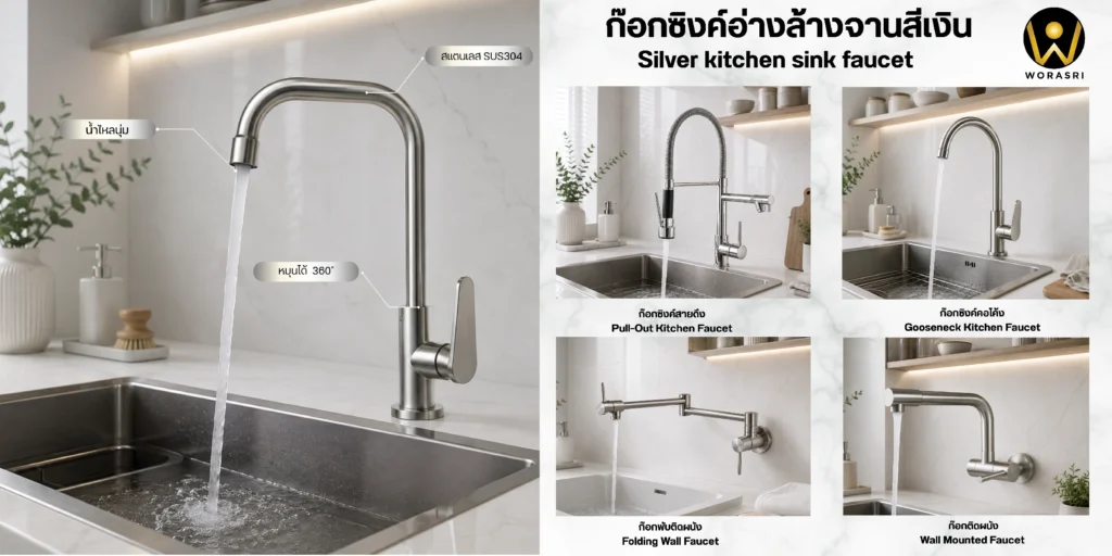 ก๊อกน้ำและอุปกรณ์ห้องน้ำสีเงิน