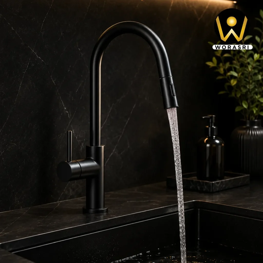 ก๊อกและอุปกรณ์ห้องน้ำห้องครัวสีดำ Matte Black Luxury Innovative Faucet & Accessories