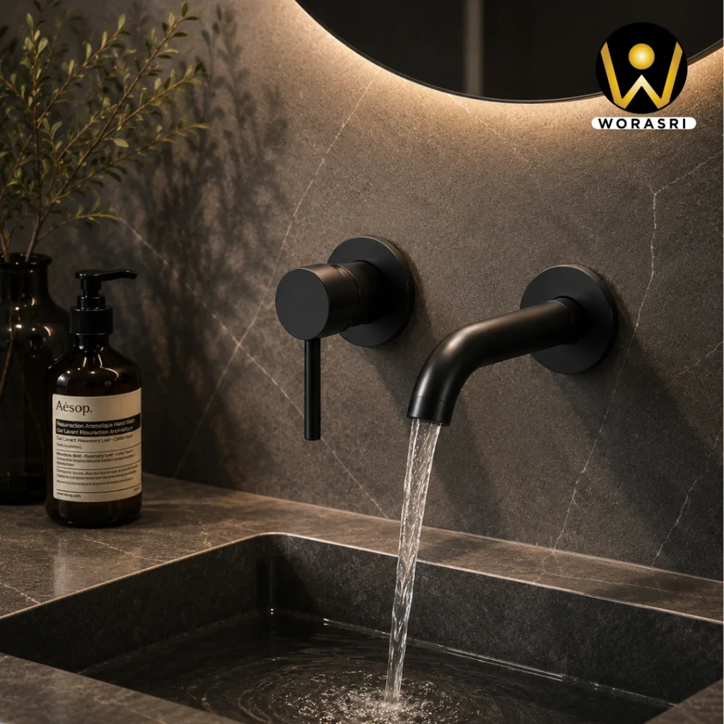 ก๊อกผสมอ่างล้­างหน้าแบบก้านโยกเดี่ยวติดผนังสีดำผิวด้าน BF31B Matt Black Hot and Cold Basin Wall Mount Faucet