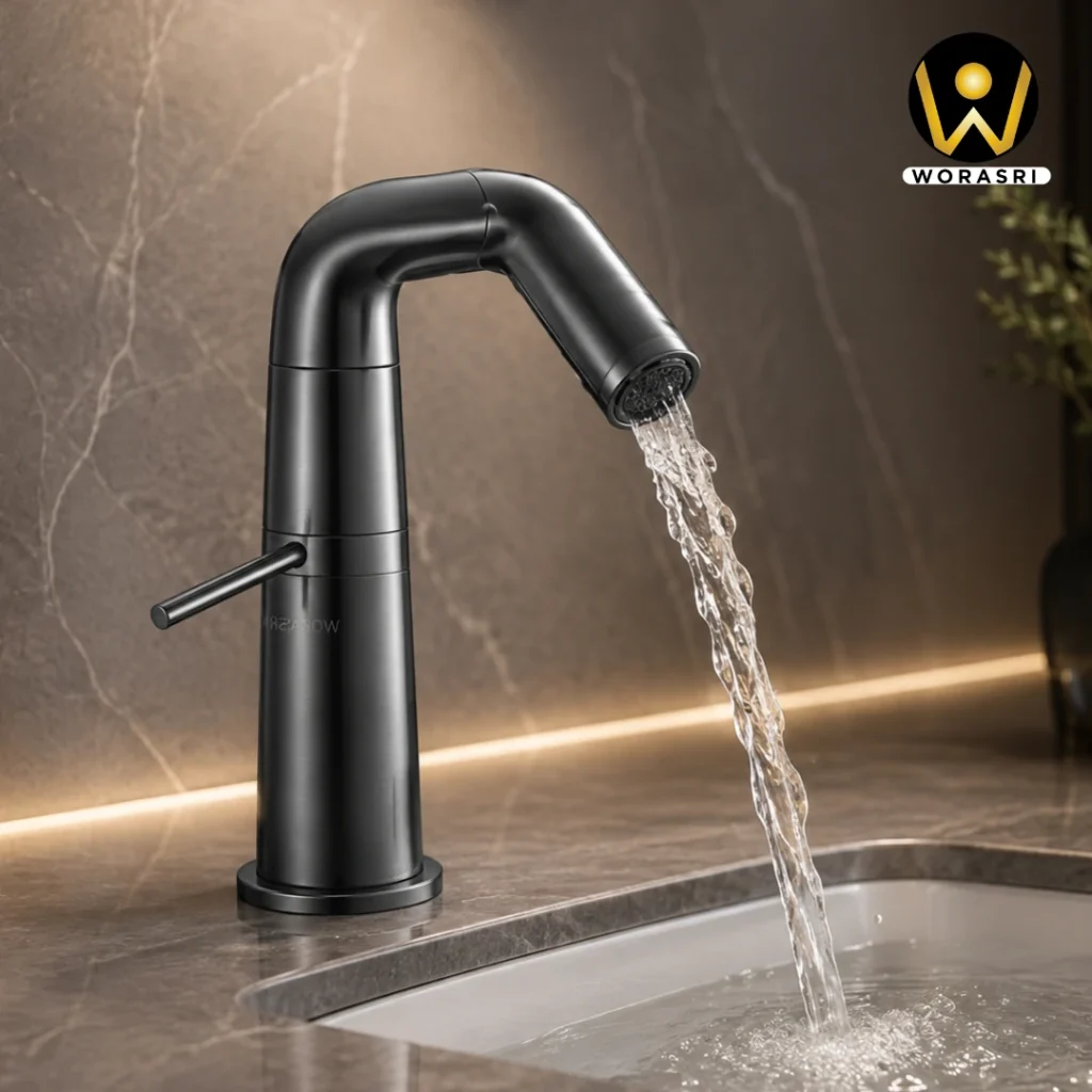ก๊อกอ่างล้างหน้าผสมน้ำร้อนเย็นติดผนังหมุนได้360องศาสีทอง Golden Hot and Cold Basin Wall Mount Faucet with 360 Rotation