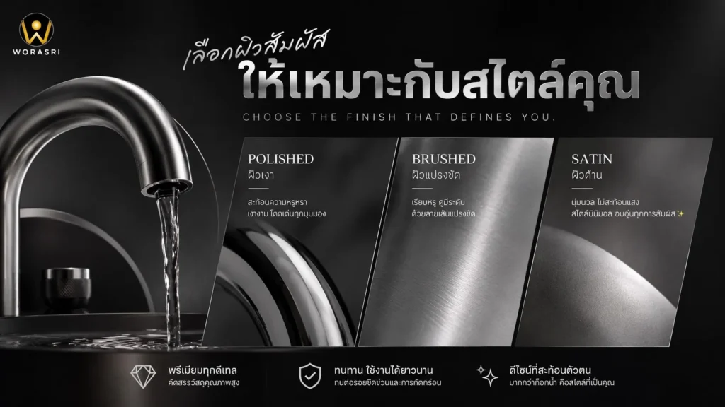 ตัวเลือกผิวสัมผัสให้เหมาะกับสไตล์คุณสินค้าสีเงิน worasri-luxury-bathroom-faucet-banner