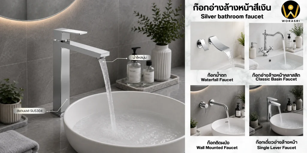 ก๊อกน้ำและอุปกรณ์ห้องน้ำสีเงิน