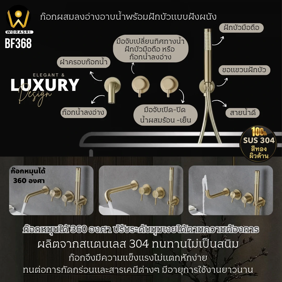 ฝักบัวเรนชาวเวอร์ก้านแข็งฝังผนังที่ฉีดชำระสีทอง