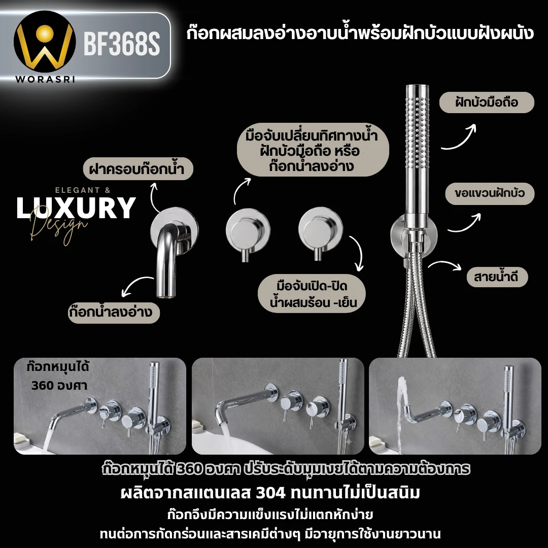 ฝักบัวเรนชาวเวอร์ก้านแข็งฝังผนังที่ฉีดชำระสีทอง
