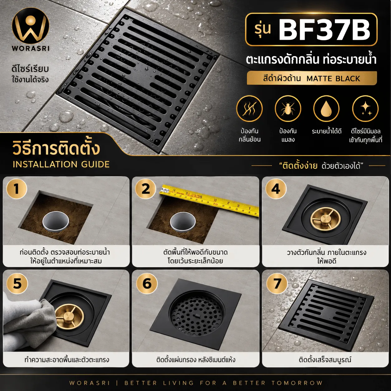 ตะแกรงดักกลิ่น BF37B สีดำ ท่อระบายน้ำ 10 × 10 ซม. | WoraSri - Image 4